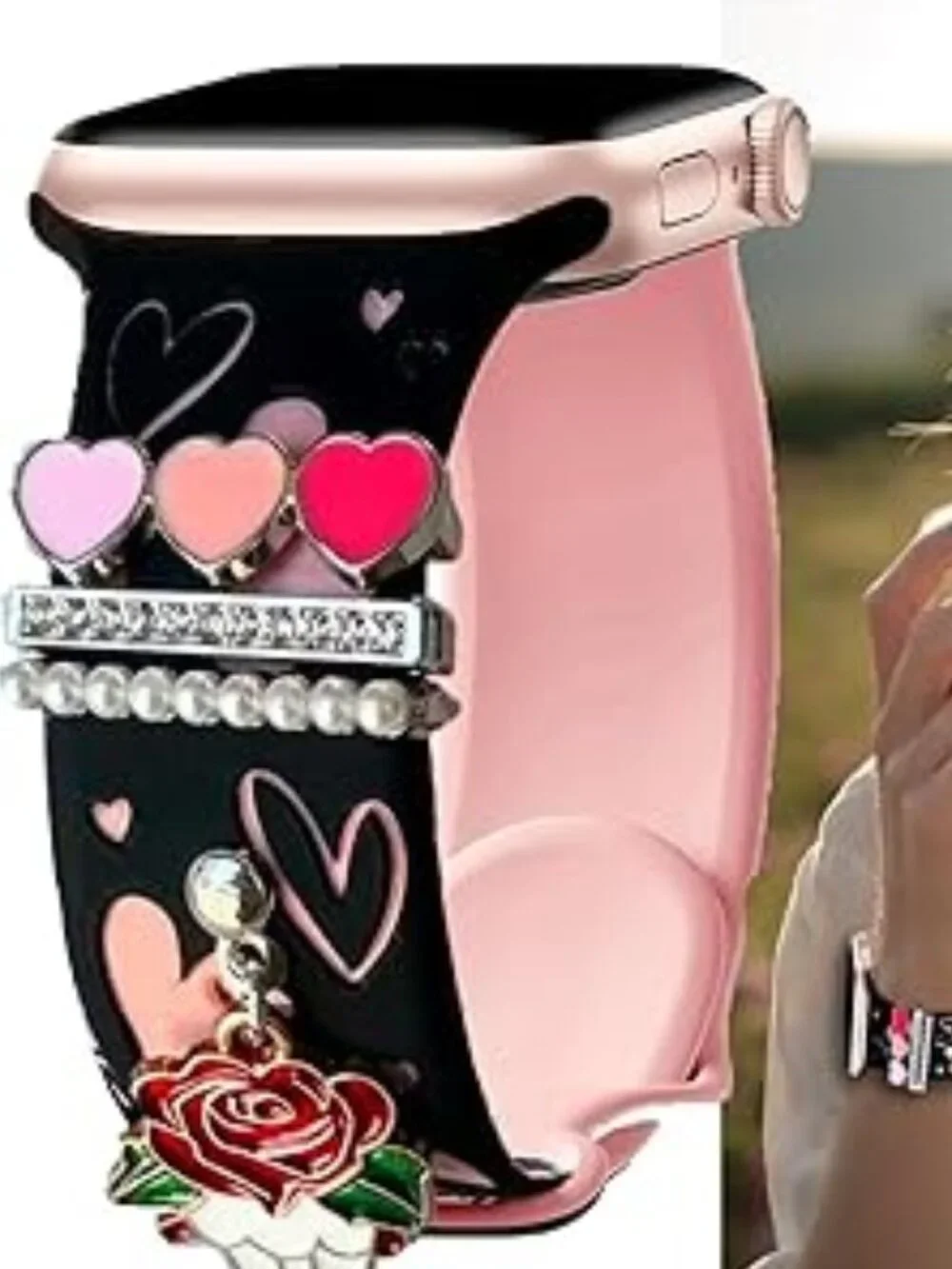 Black with Pink Heart Pink Band With Charms‎ Compatible Apple Watch